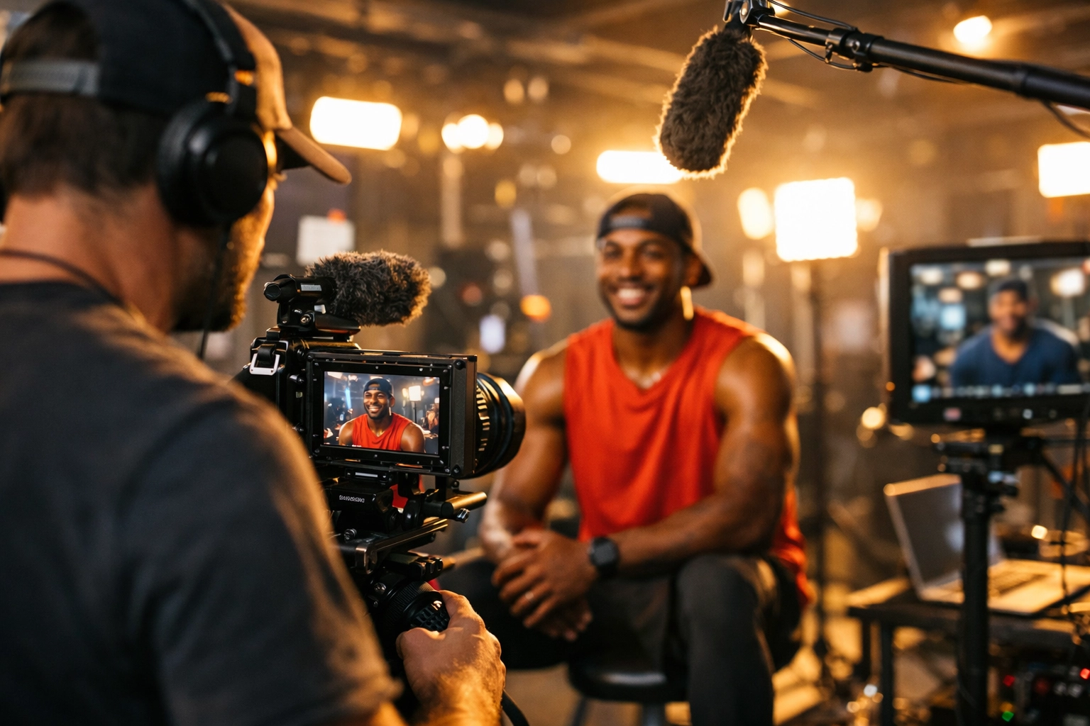 Professional content creator filming athlete interview for sports entertainment media production