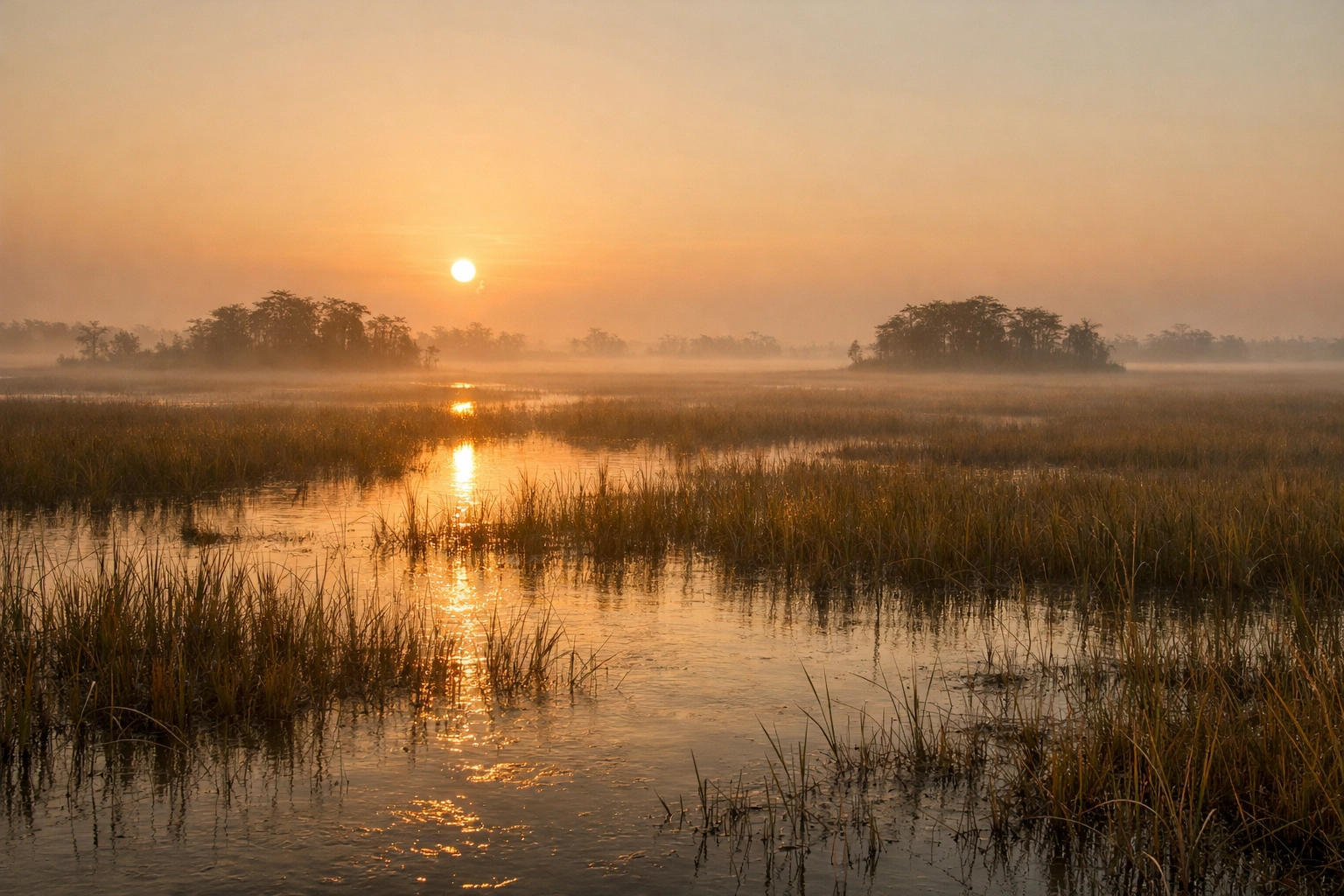 Misty sunrise over the sawgrass prairie in Everglades National Park, perfect for landscape photography.