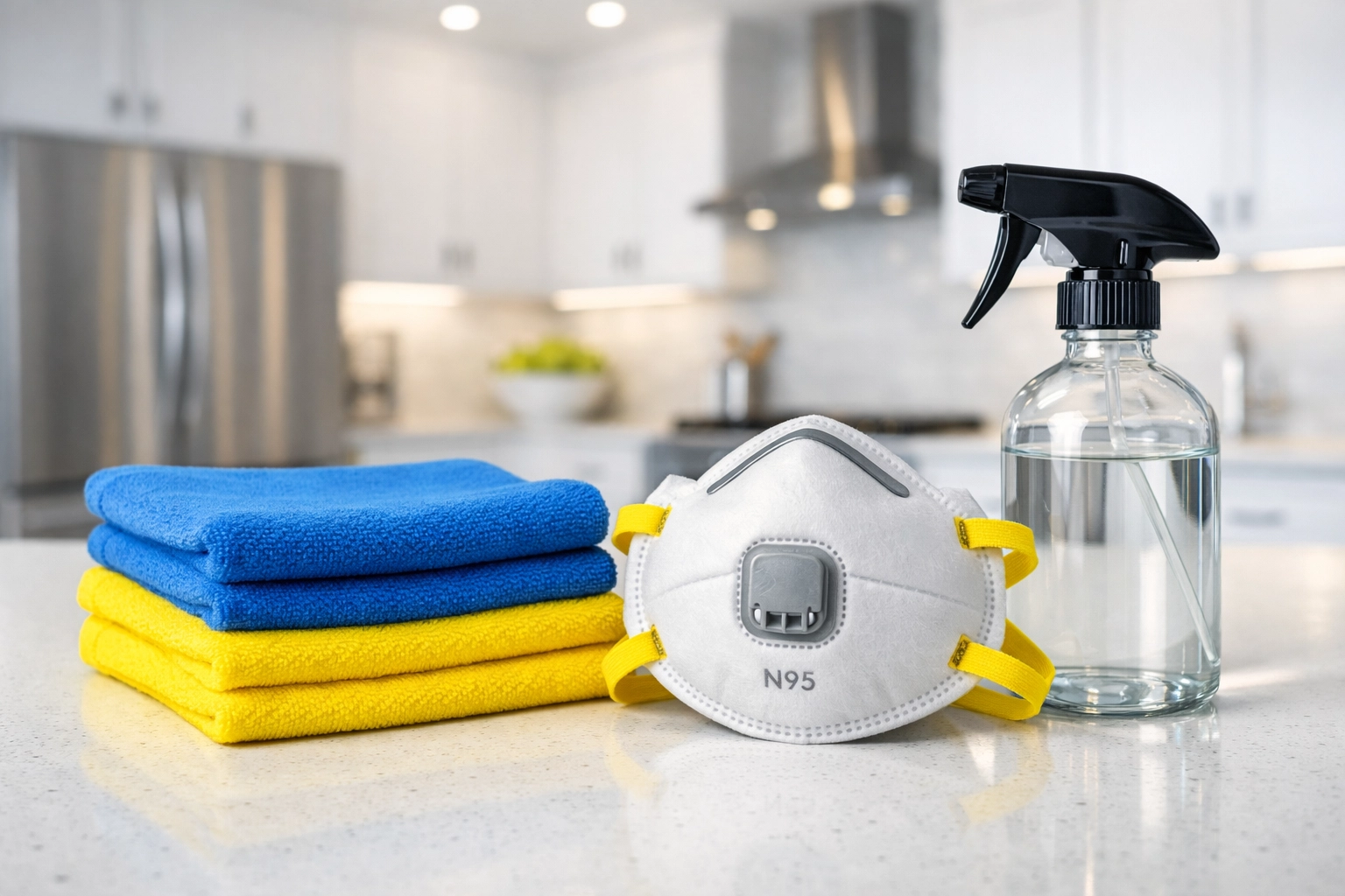 Professional post construction cleaning Hudson supplies including N95 masks and microfiber cloths in a kitchen.