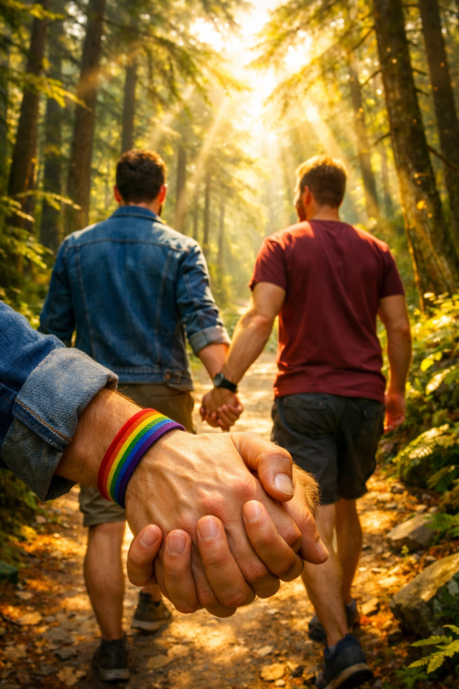 Gay couple holding hands on nature walk exploring spiritual connection