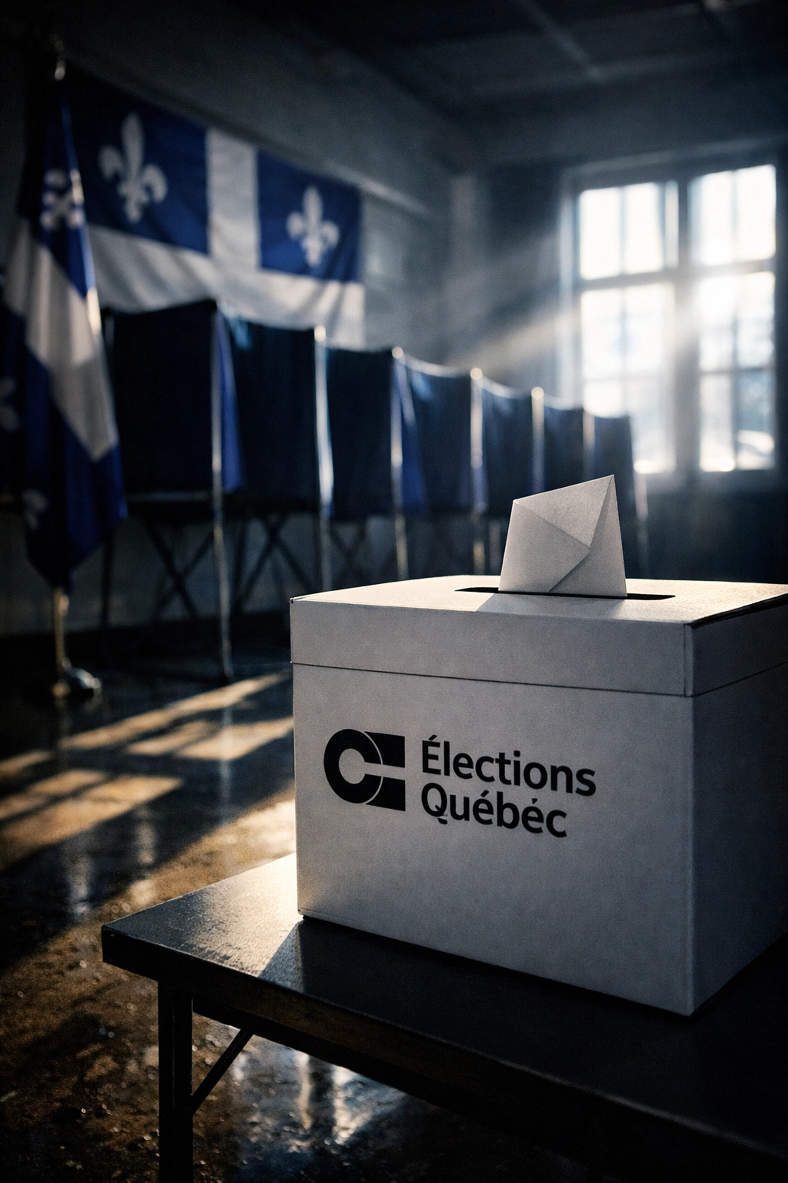 Quebec voting station with ballot boxes during Chicoutimi provincial byelection February 2026