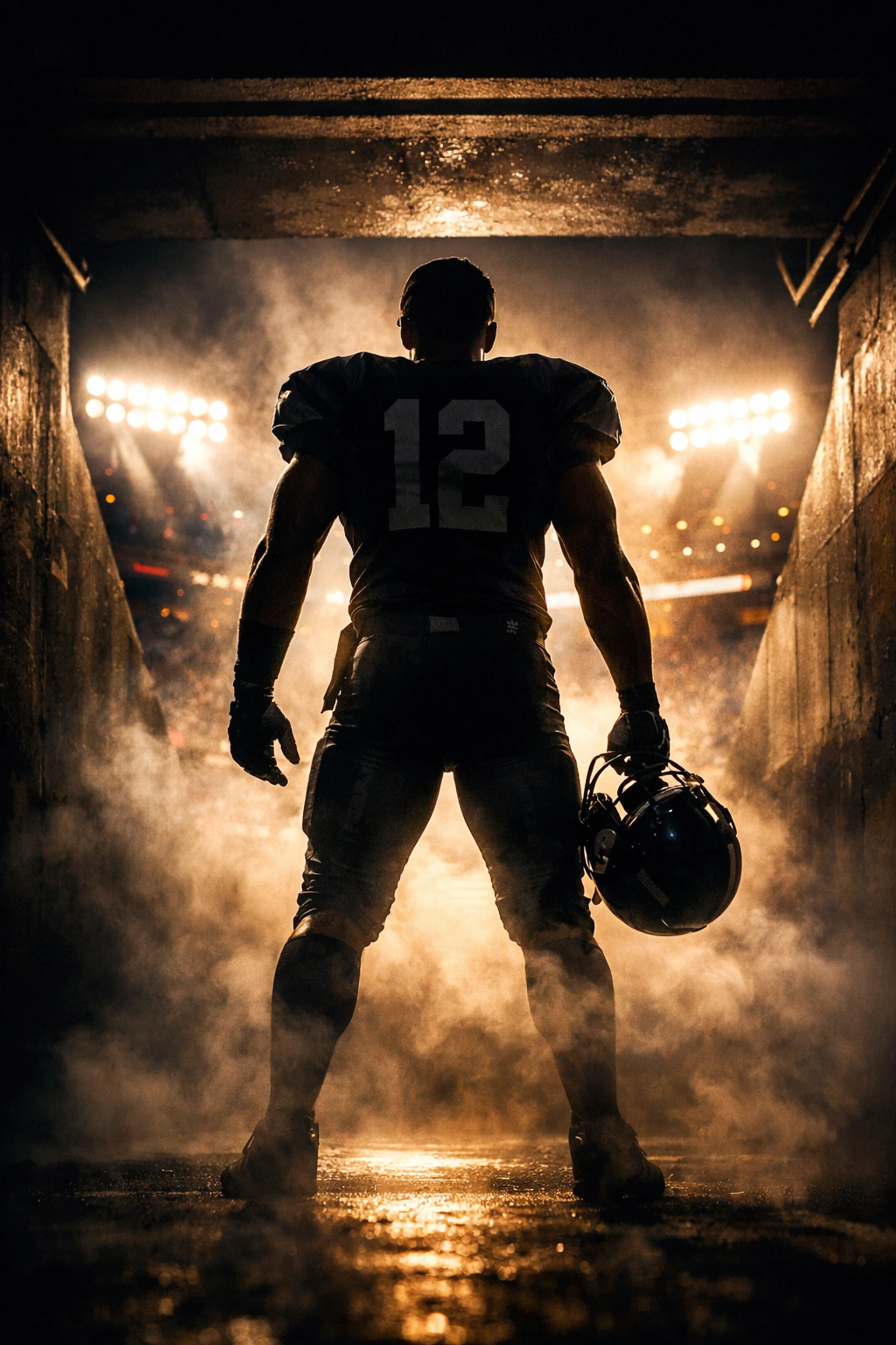 College football player walking through stadium tunnel ready to own the field on game day