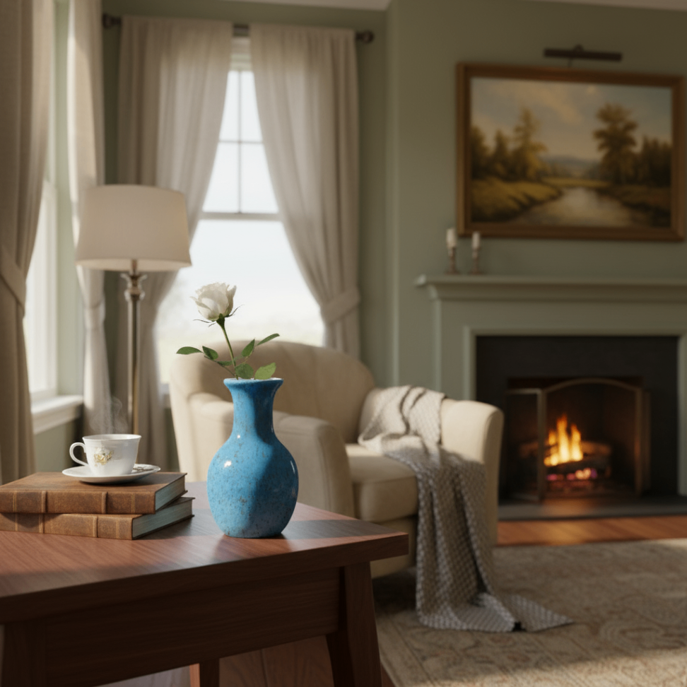 Handcrafted Blue Ceramic Memorial Vase with White Rose