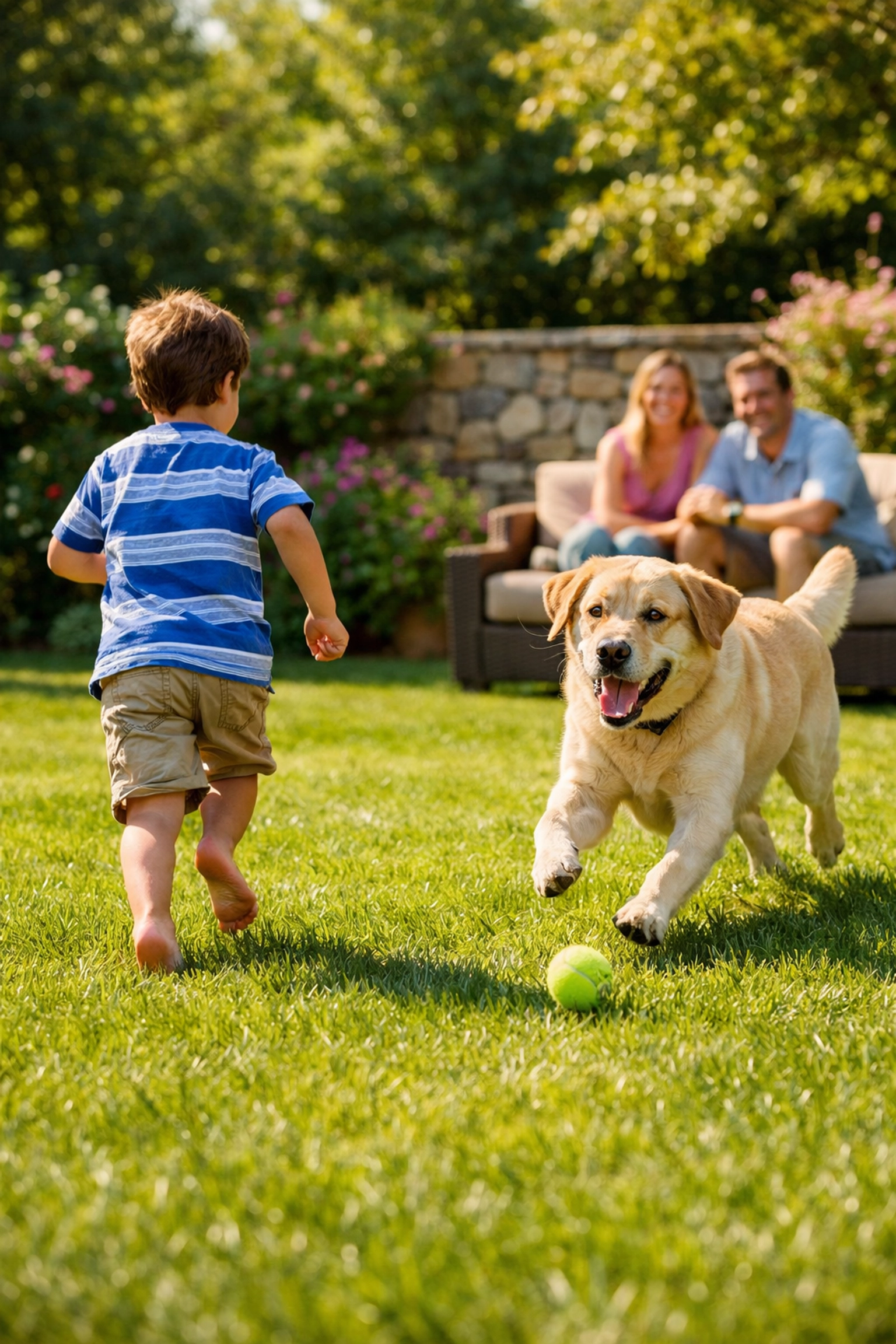 Happy family and dog playing on a protected, tick-free lawn after professional pest control services.