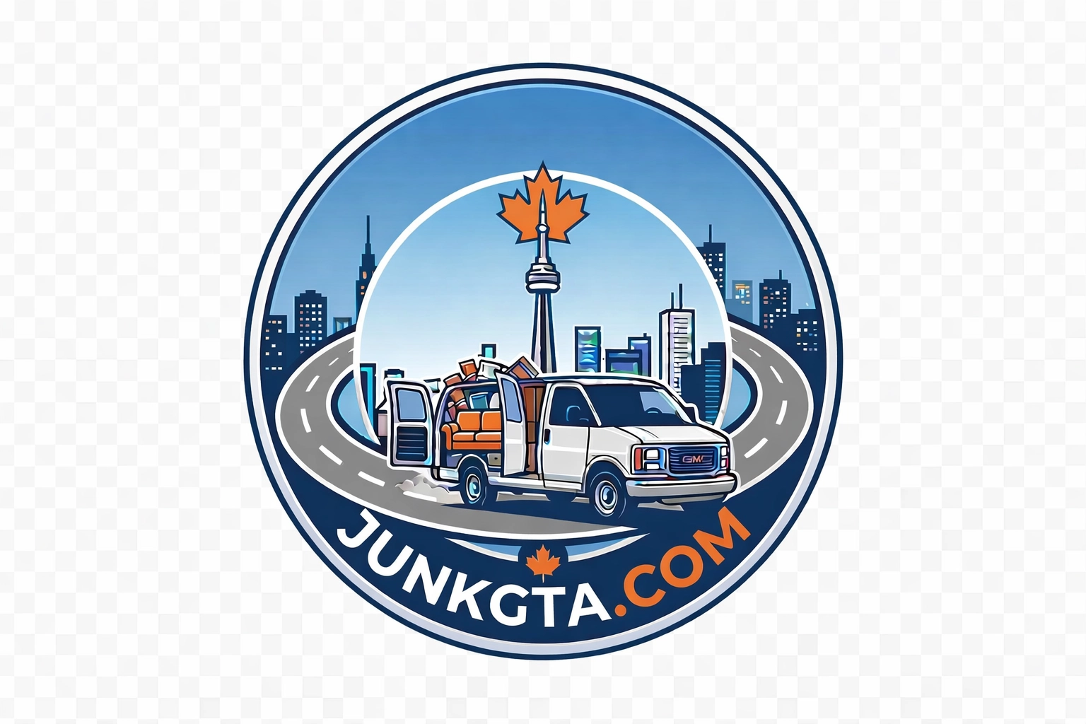 A branded cargo van filled with junk items, including a couch and boxes, parked against a stylized Toronto skyline with the CN Tower and a maple leaf.
