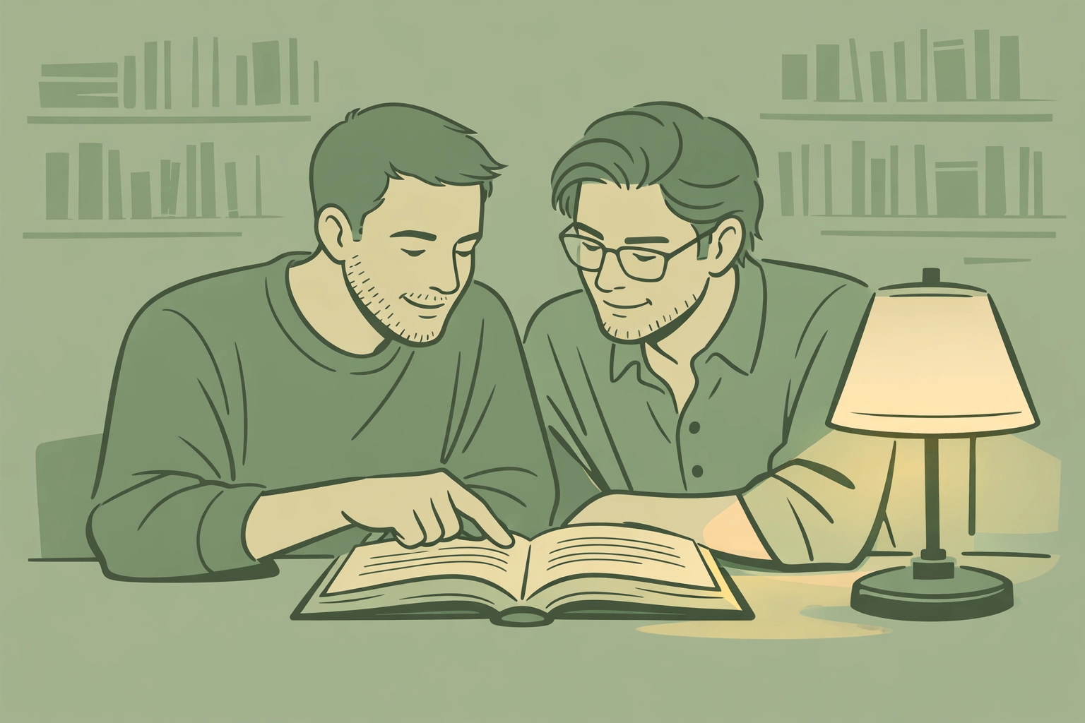 Two men reading gay romance books together - LGBTQ fiction and literary connection