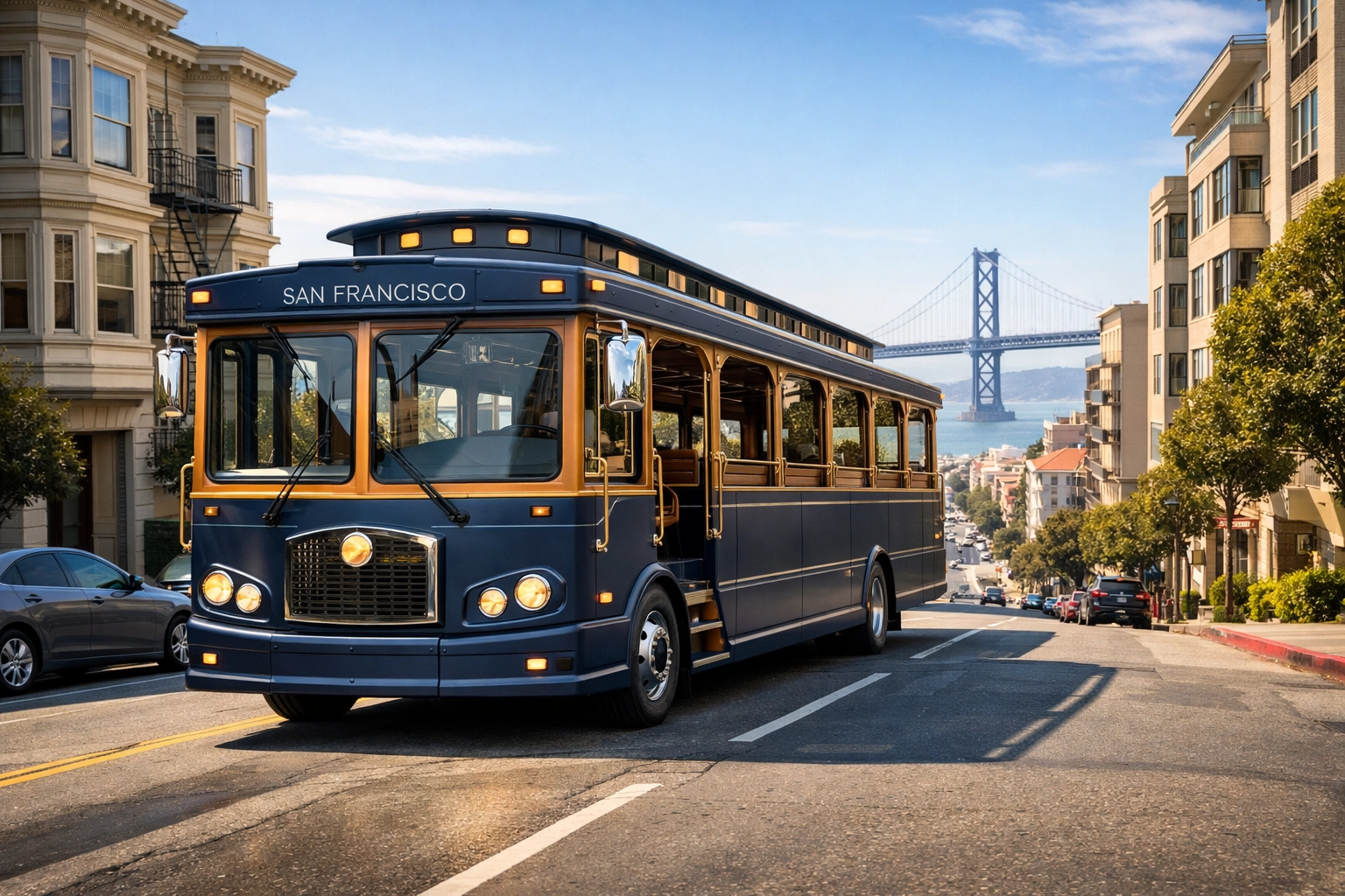 A luxury brand-wrapped trolley bus in San Francisco providing high-visibility Super Bowl branding logistics.