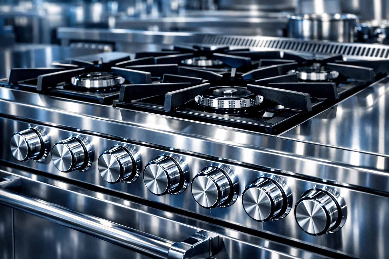 Close-up of a deep-cleaned industrial range and stove in a professional Peabody kitchen facility.