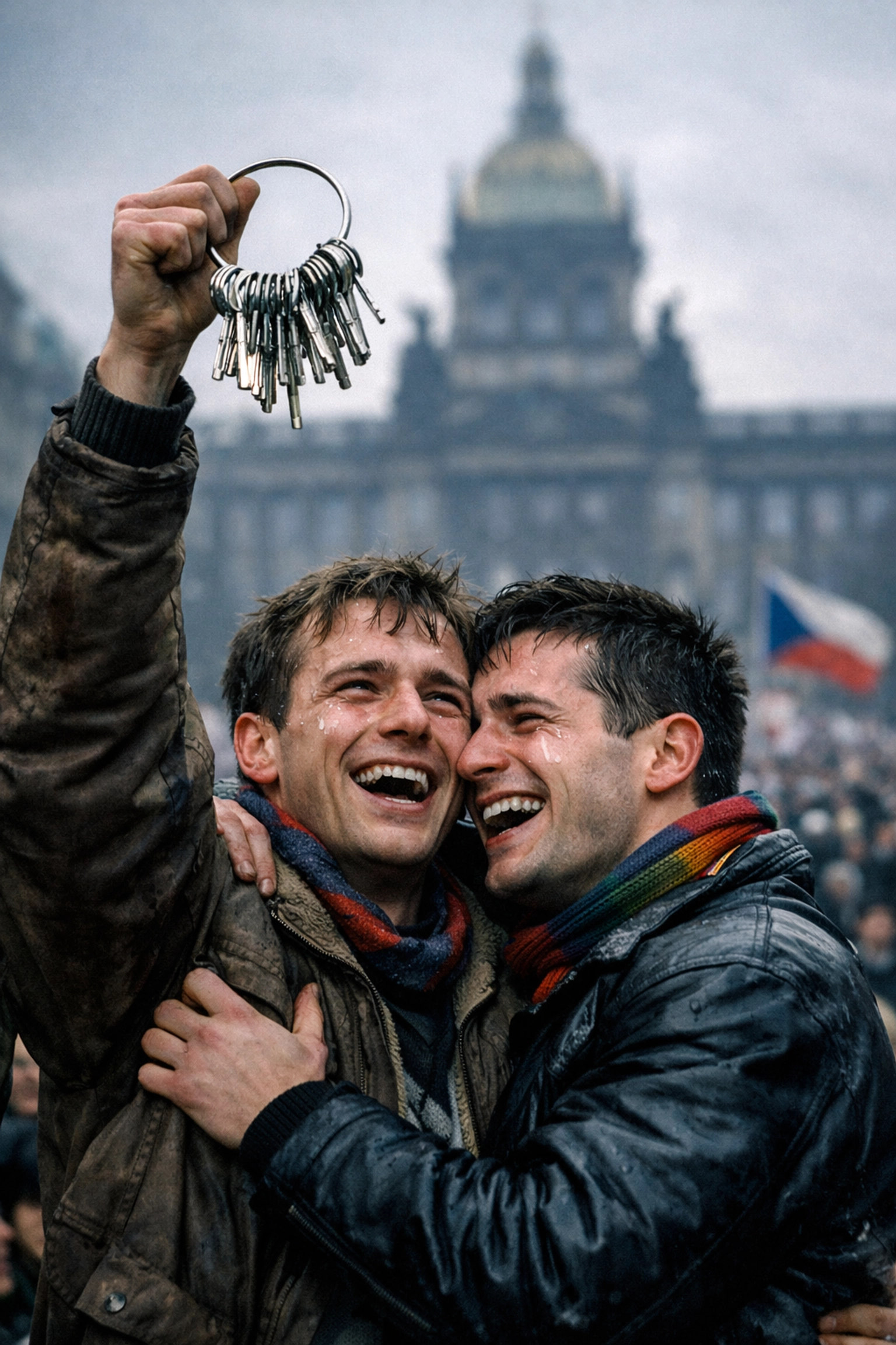 A gay couple celebrating the Velvet Revolution in Prague, a historic turning point for LGBTQ+ rights and gay love stories.