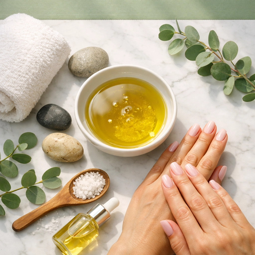 Luxury spa combination service setup with manicure and head spa treatment products