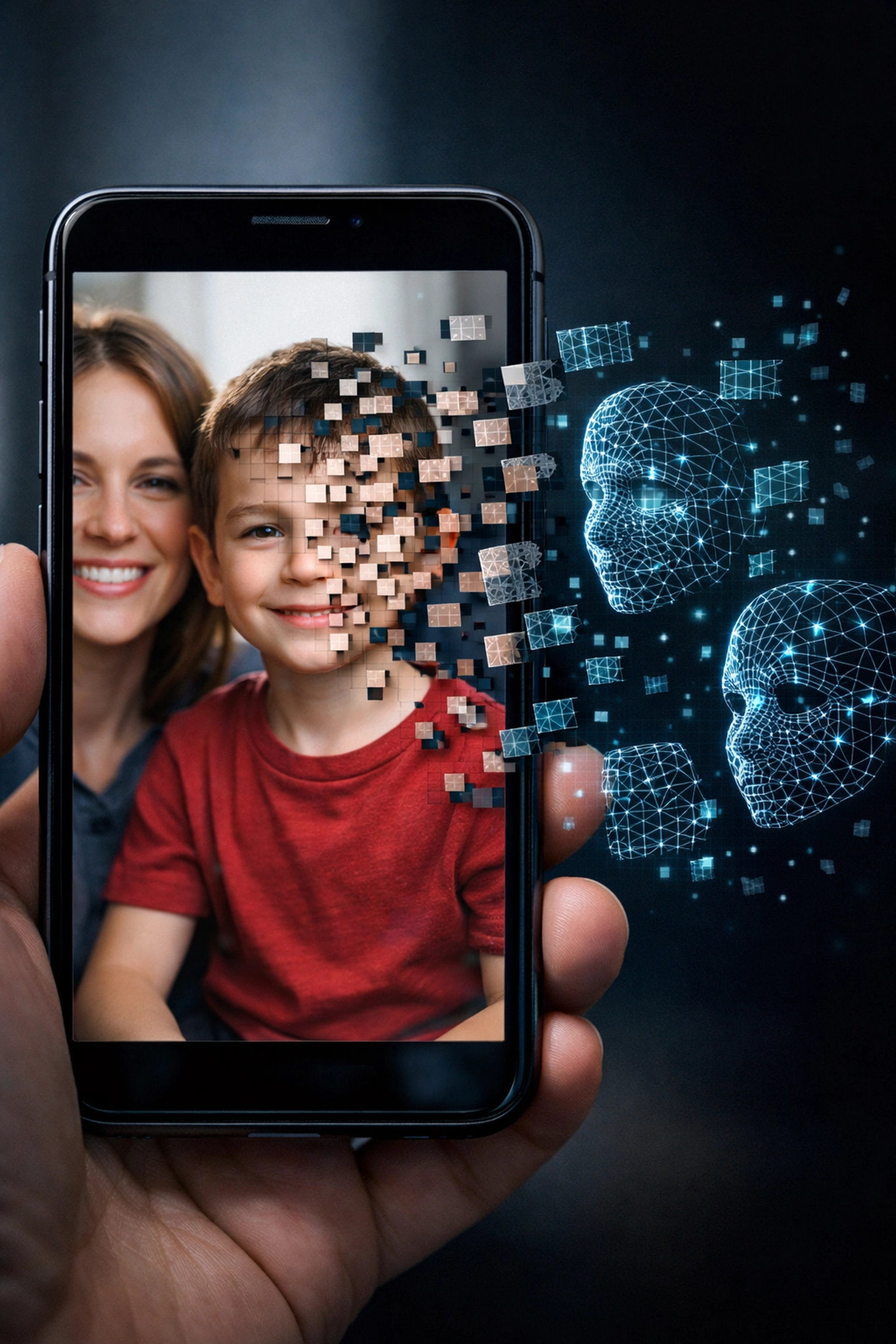 Child's photo fragmenting from smartphone into AI neural networks illustrating deepfake threats
