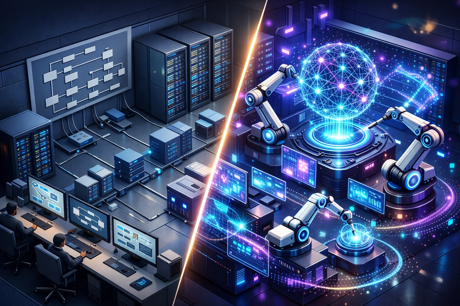Traditional ITOM vs agentic AI ServiceNow infrastructure comparison showing automation differences