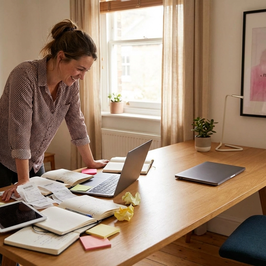 Stressed small business owner at messy desk compared with relief at organized workspace, showing benefits of hiring a virtual assistant