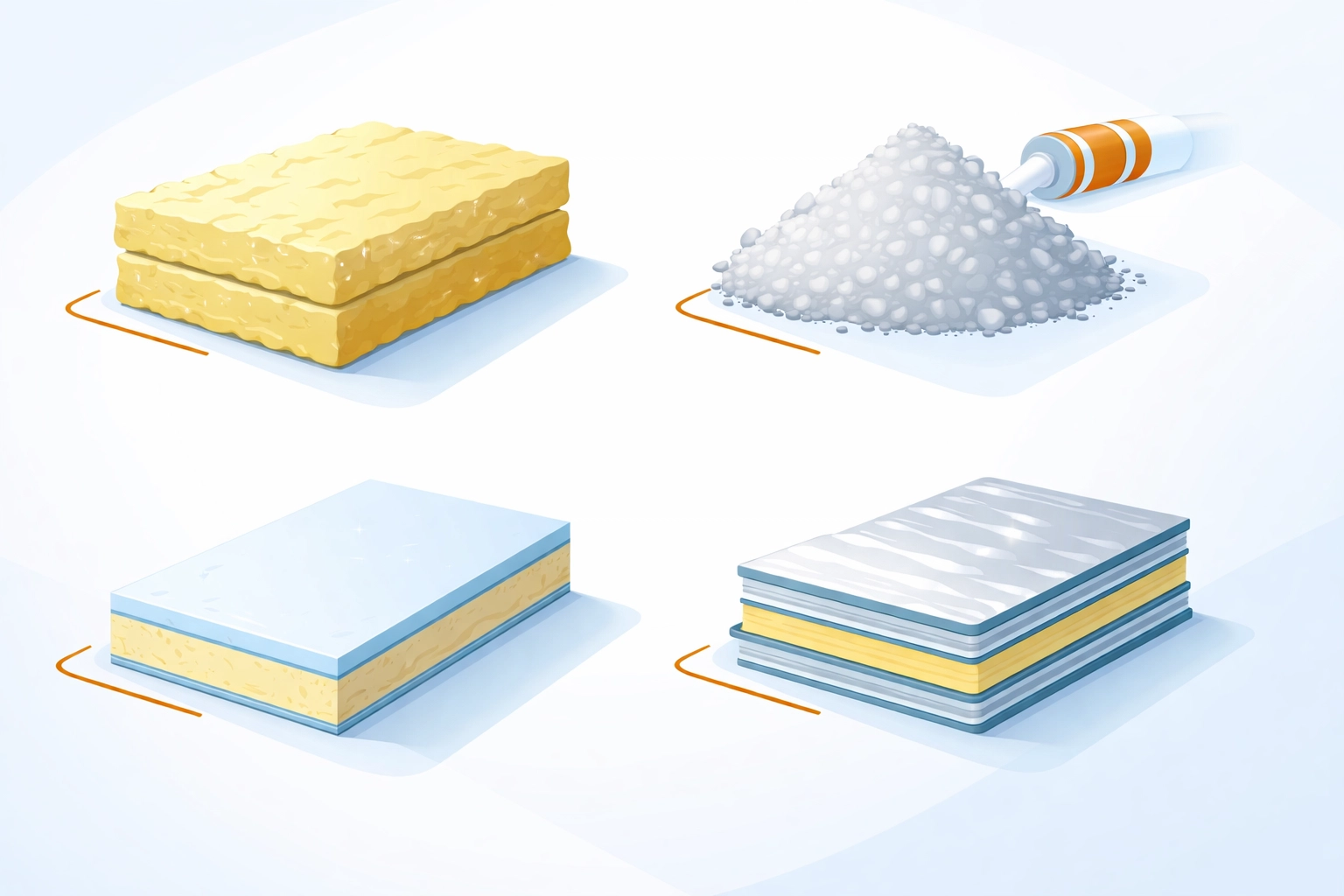 Four types of insulation materials shown for Scottish homes: mineral wool, blown fibre, foam board, and multifoil