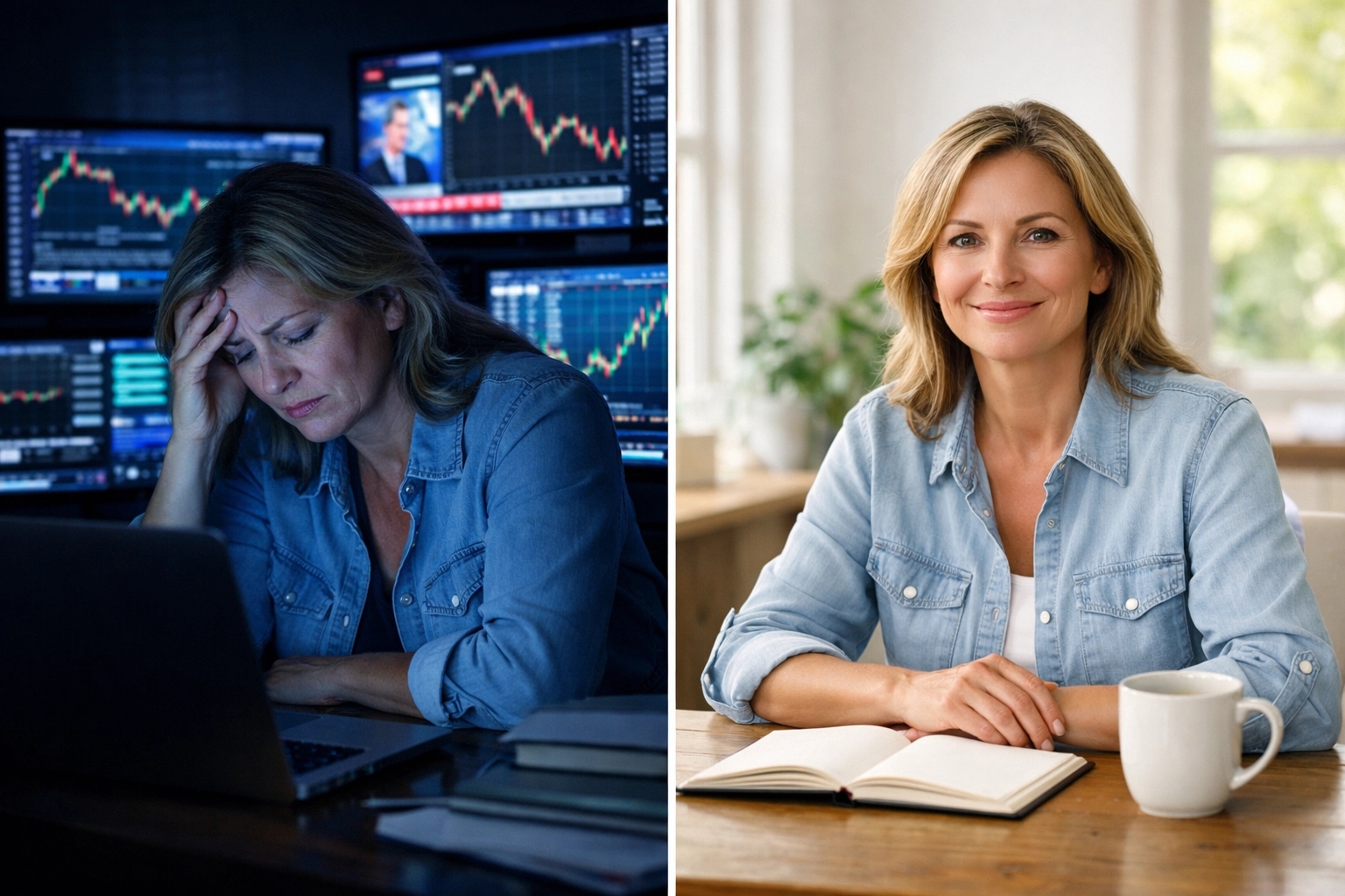 Comparison of stressed daily market research versus simple retirement planning confidence