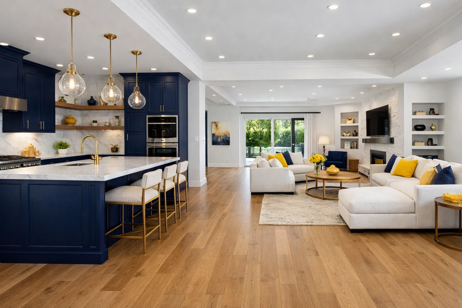 Stunning seamless hardwood flooring throughout a luxury open-concept kitchen and living area.