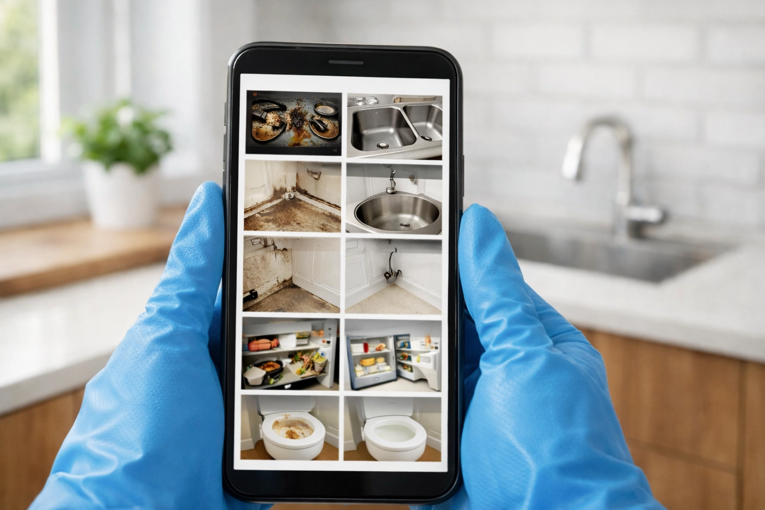 Professional cleaner holding phone displaying before-and-after cleaning photo documentation grid