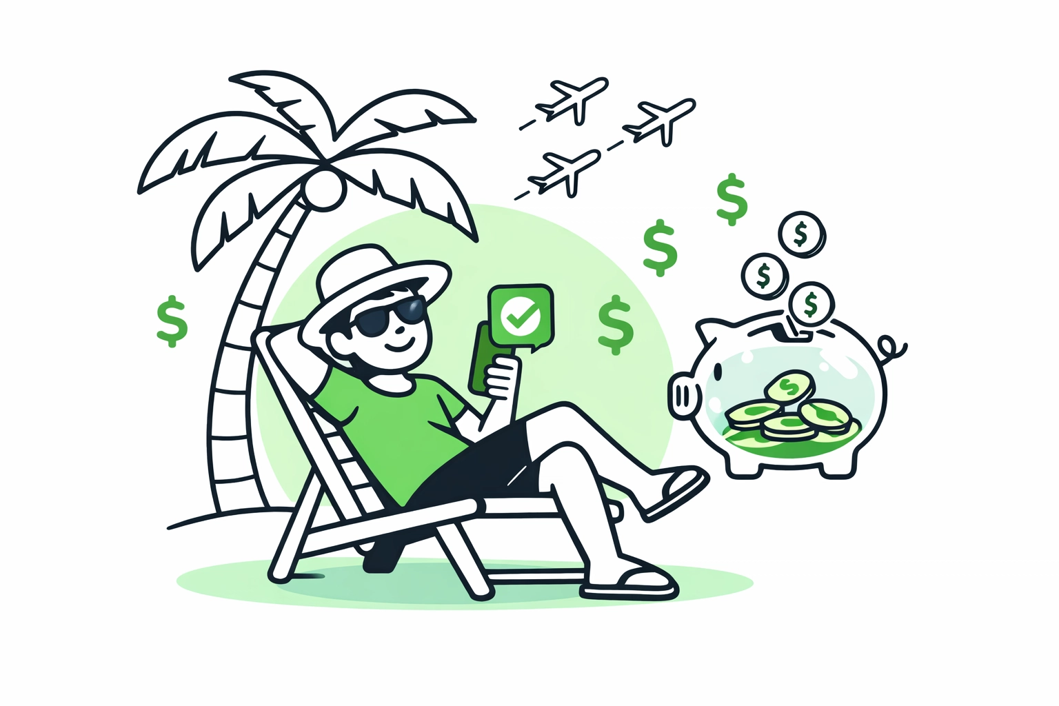 Traveler receiving automated flight savings notification while piggy bank fills with airfare refunds