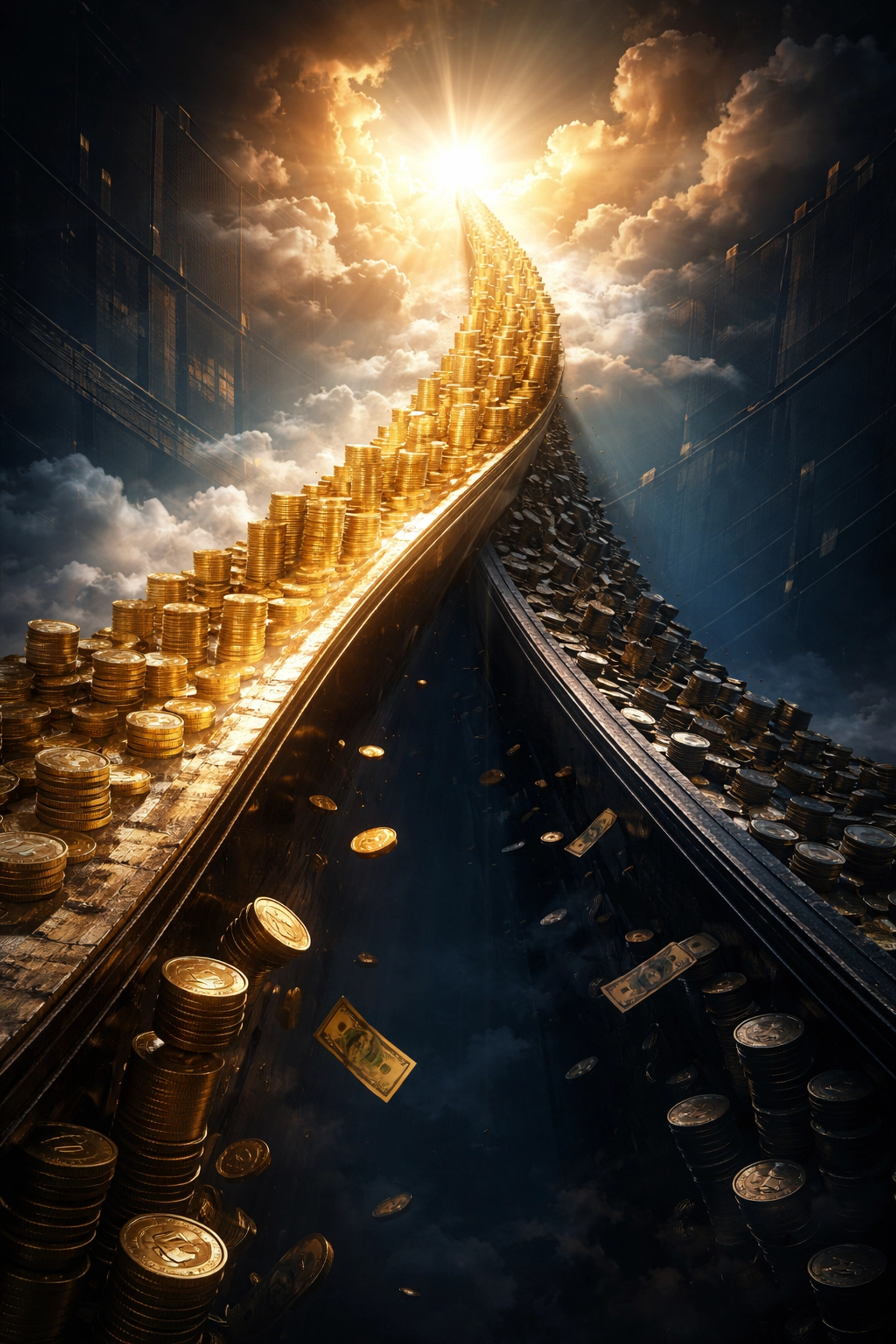 Two diverging gold-lined paths symbolizing financial performance gaps in private equity diversification strategies.