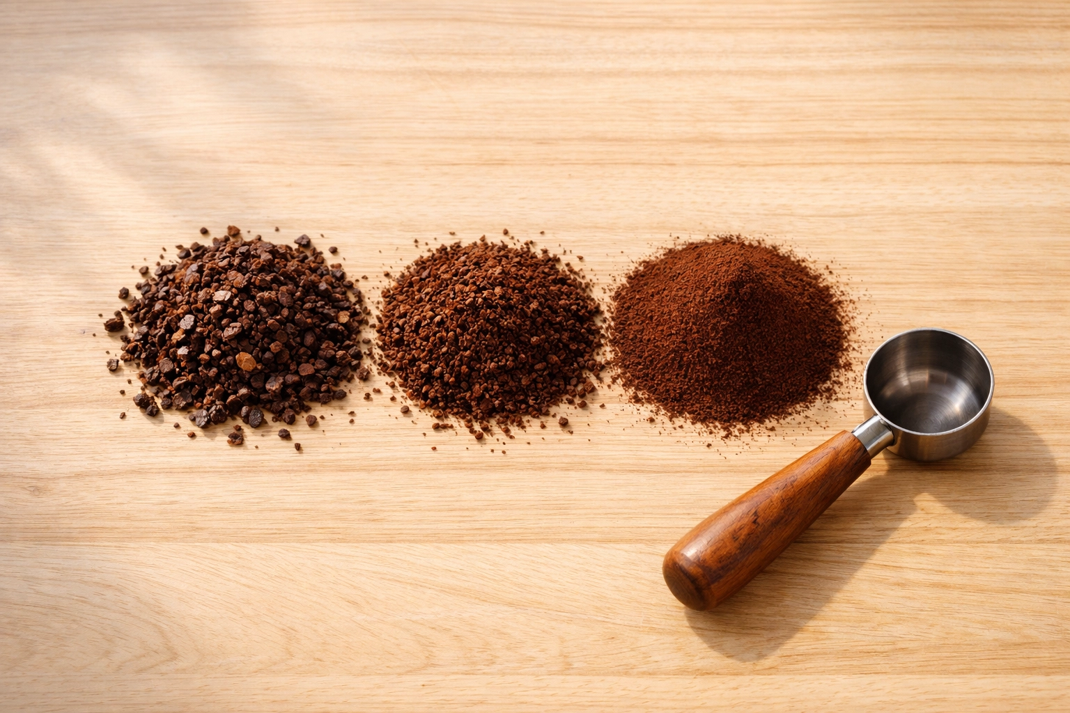 Three different coffee grind sizes, coarse, medium, and fine, displayed for home brewing methods.