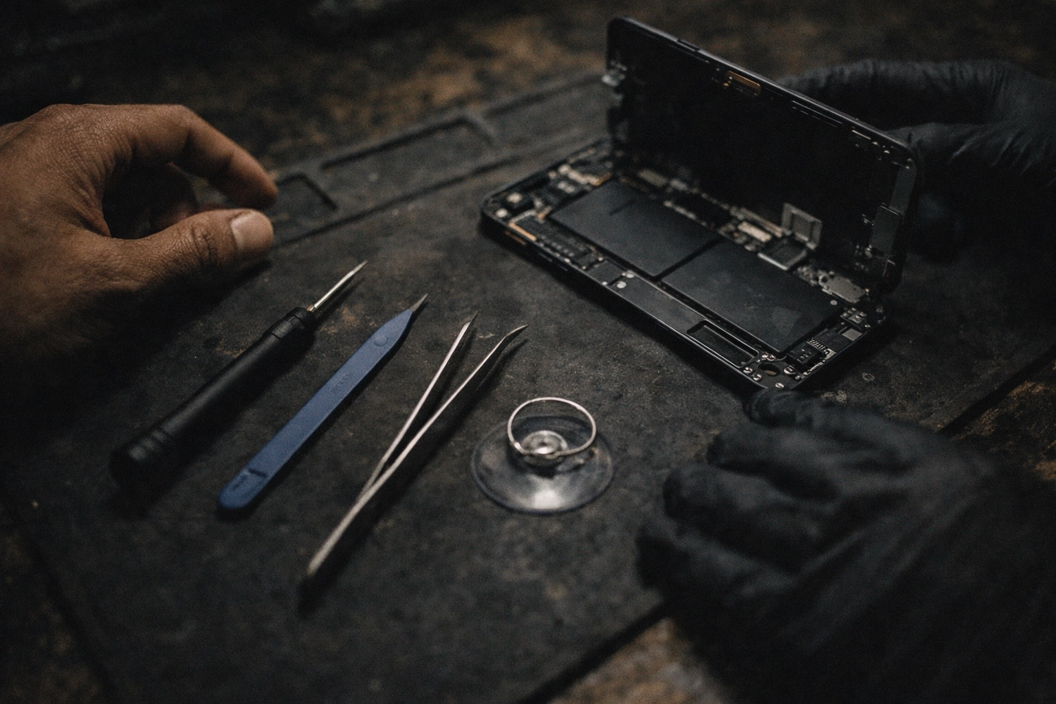 Gritty close-up of iPhone battery replacement tools beside an opened iPhone on a dark workbench in Brooklyn