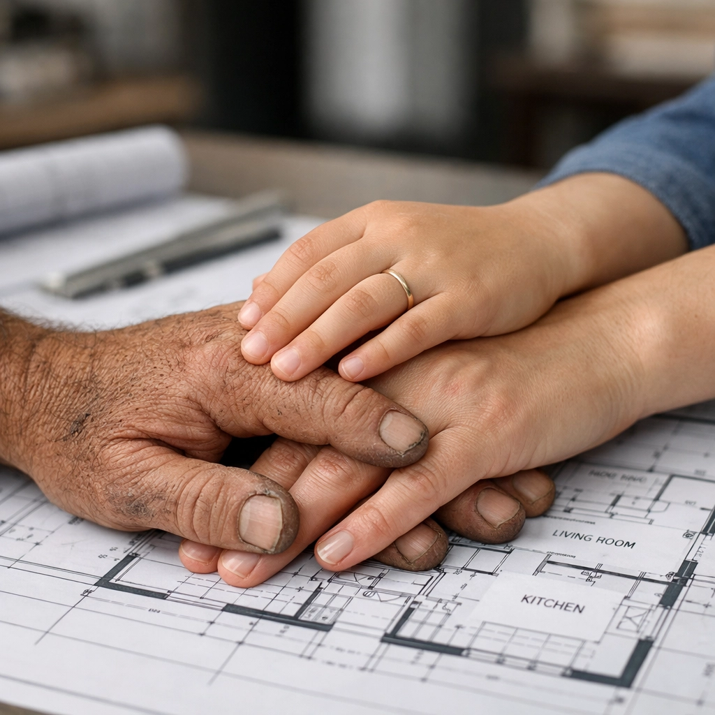 Multi-generational hands on house plans illustrating strategic stewardship for blended family estate planning.