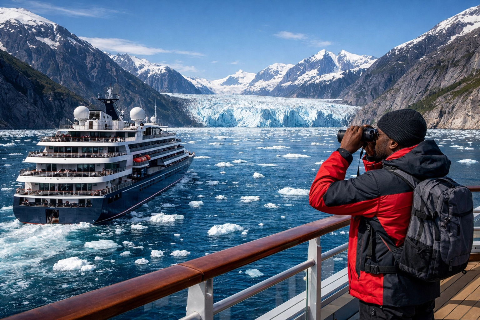 Traveler viewing an Alaskan glacier on a ship found using luxury cruise deals.