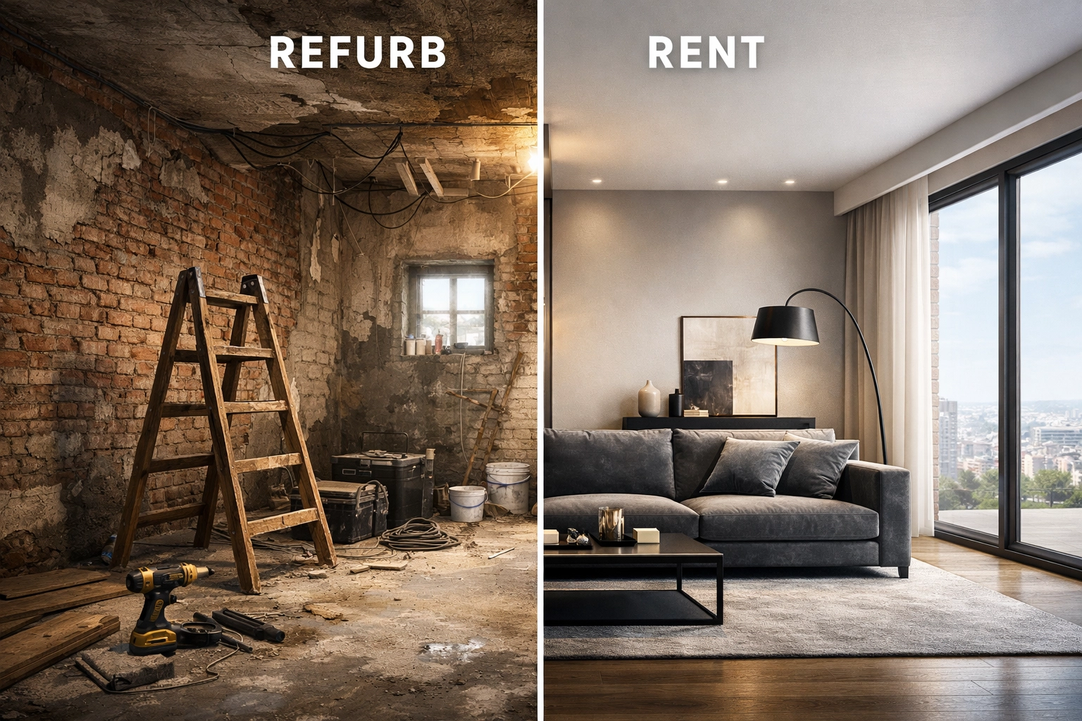 Before and after comparison of a property refurbishment project used in a BRRR investment strategy.