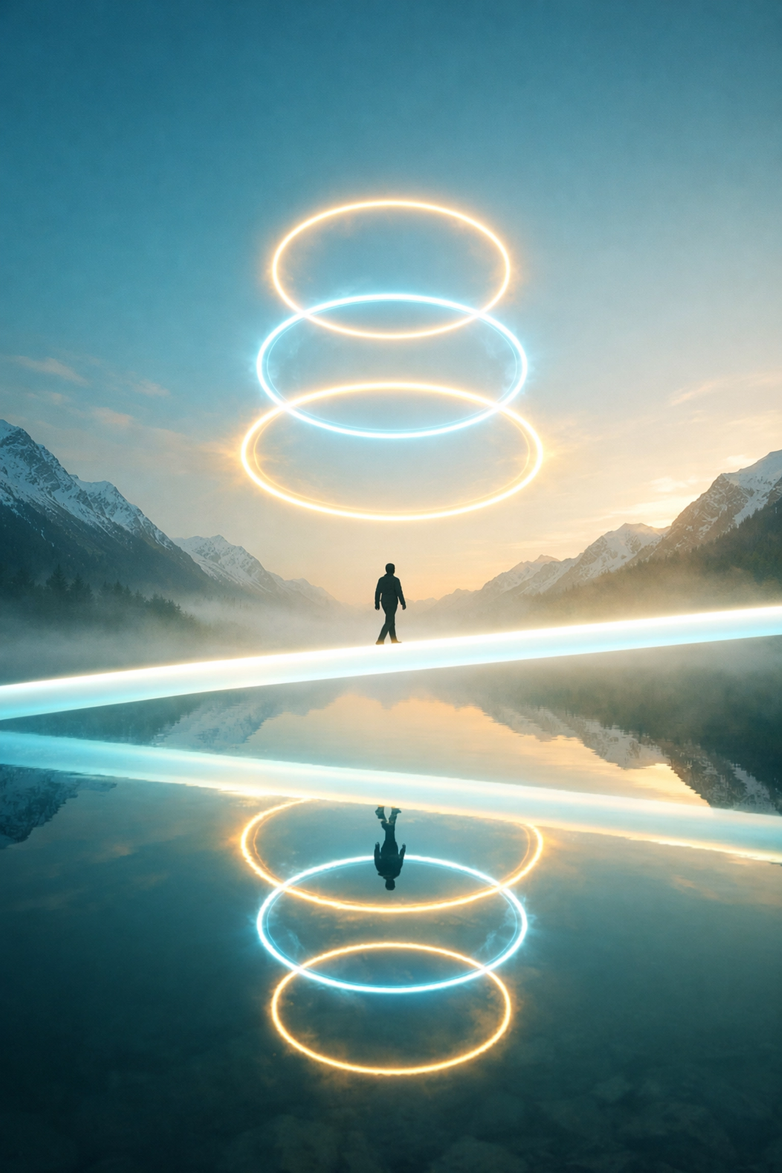 A person walking on a bridge of light toward internal congruence and high performance growth.