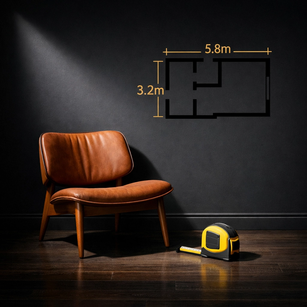 Measuring tape in a modern living room helps families plan furniture layout when downsizing in Columbus.