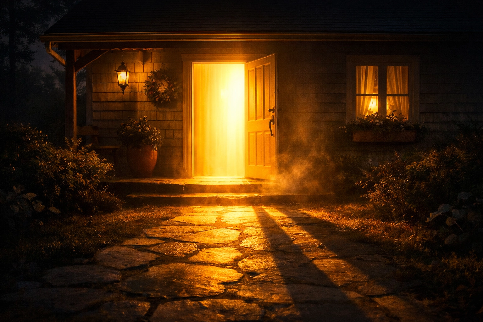 A warm golden light from an open doorway symbolizing the faith-based mission of welcoming the stranger.
