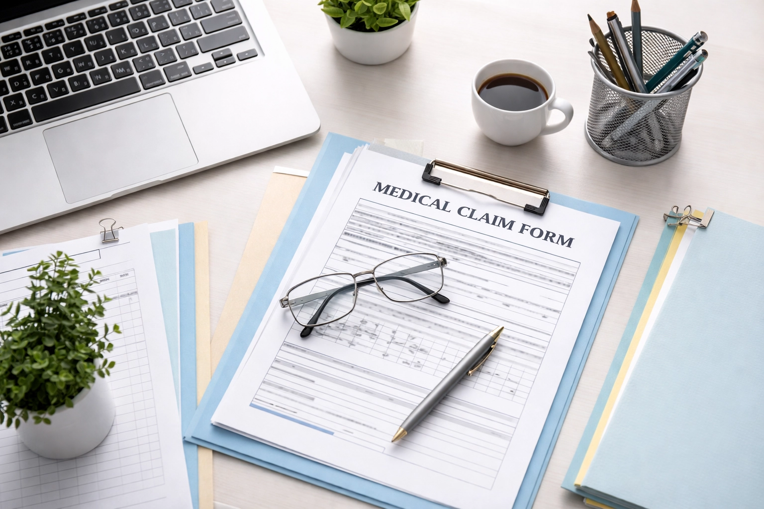 Organized medical billing desk with claim forms and folders to prevent duplicate billing errors