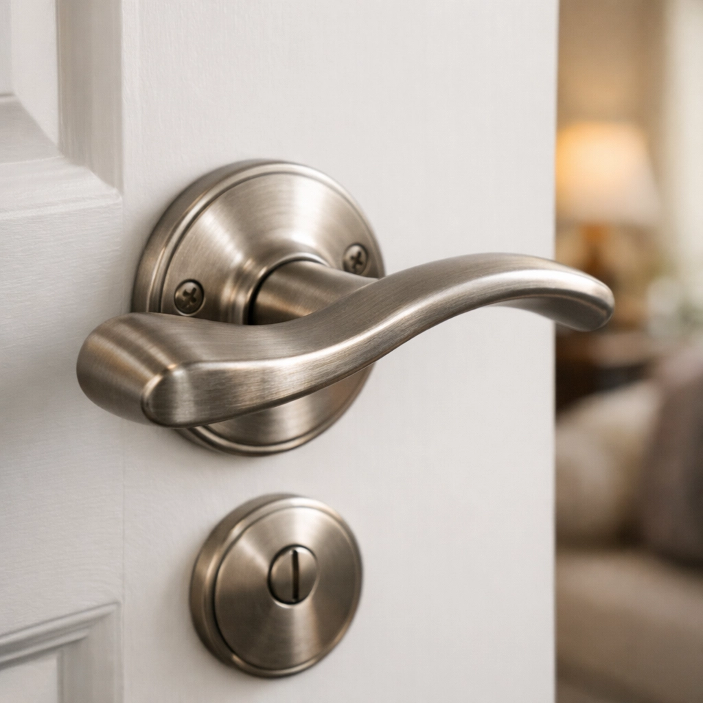 Ergonomic brushed nickel lever-style door handle designed for easy grip and accessible home entry.