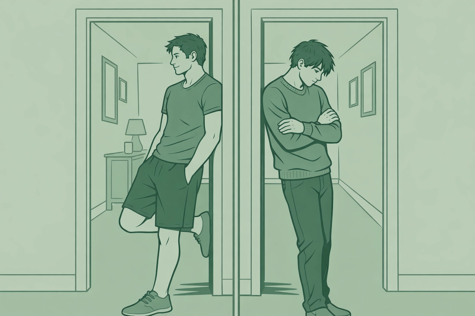 Step-brothers facing each other across doorway representing identity and desire conflict