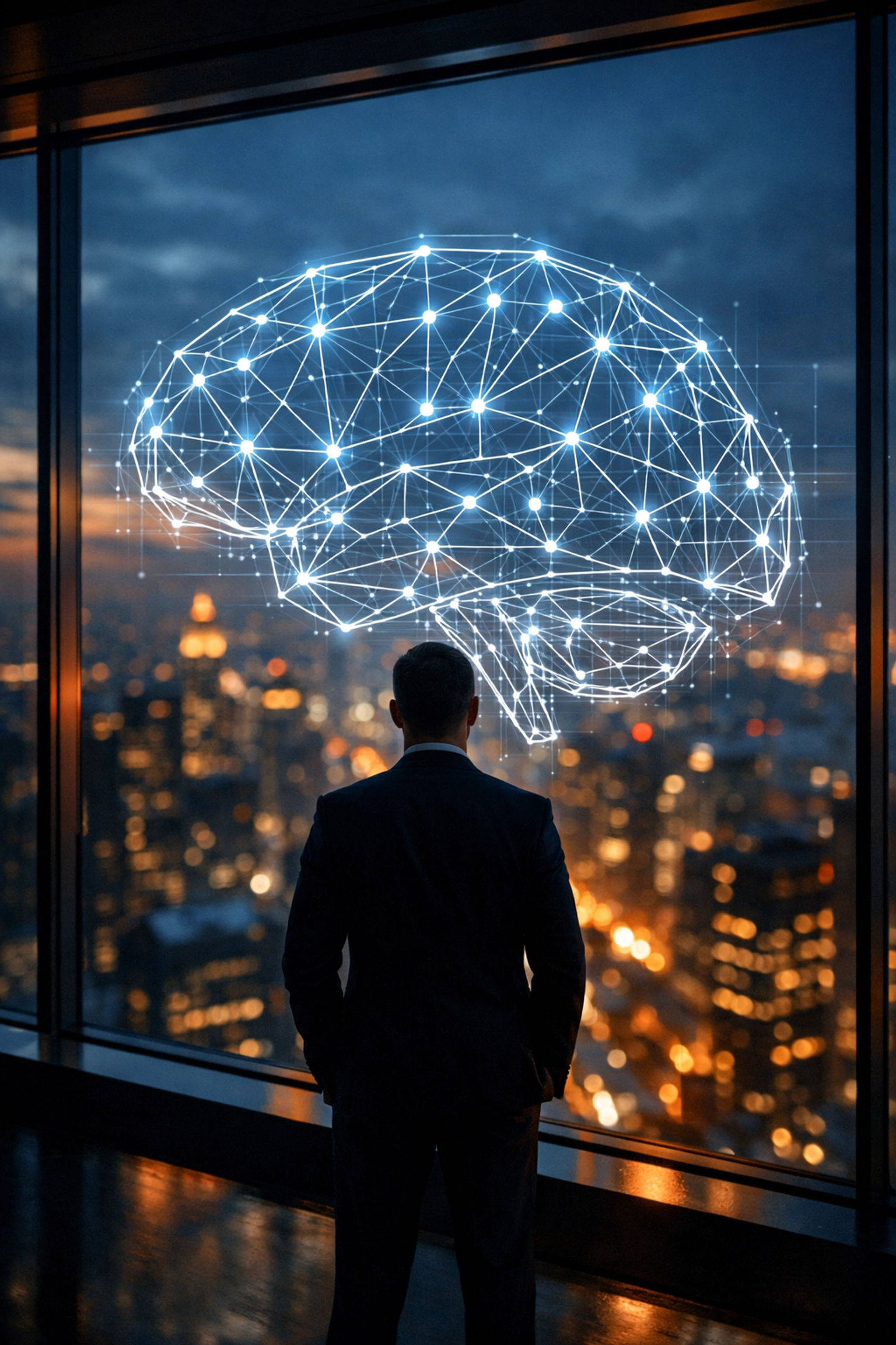 Executive leader silhouette with a brain overlay representing I/O psychology and behavioral science in coaching.