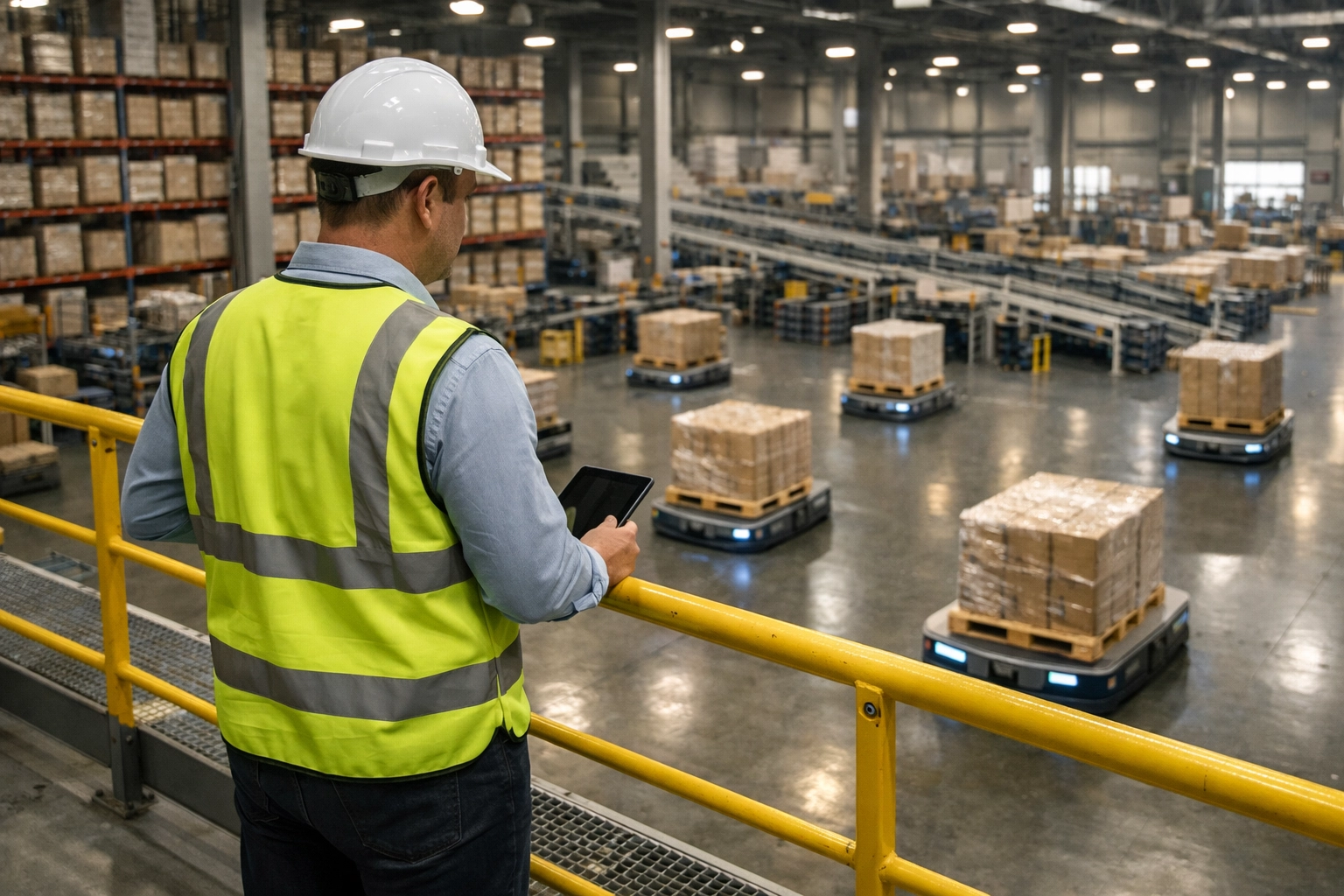 Warehouse supervisor on an elevated walkway overseeing autonomous mobile robots moving pallets below