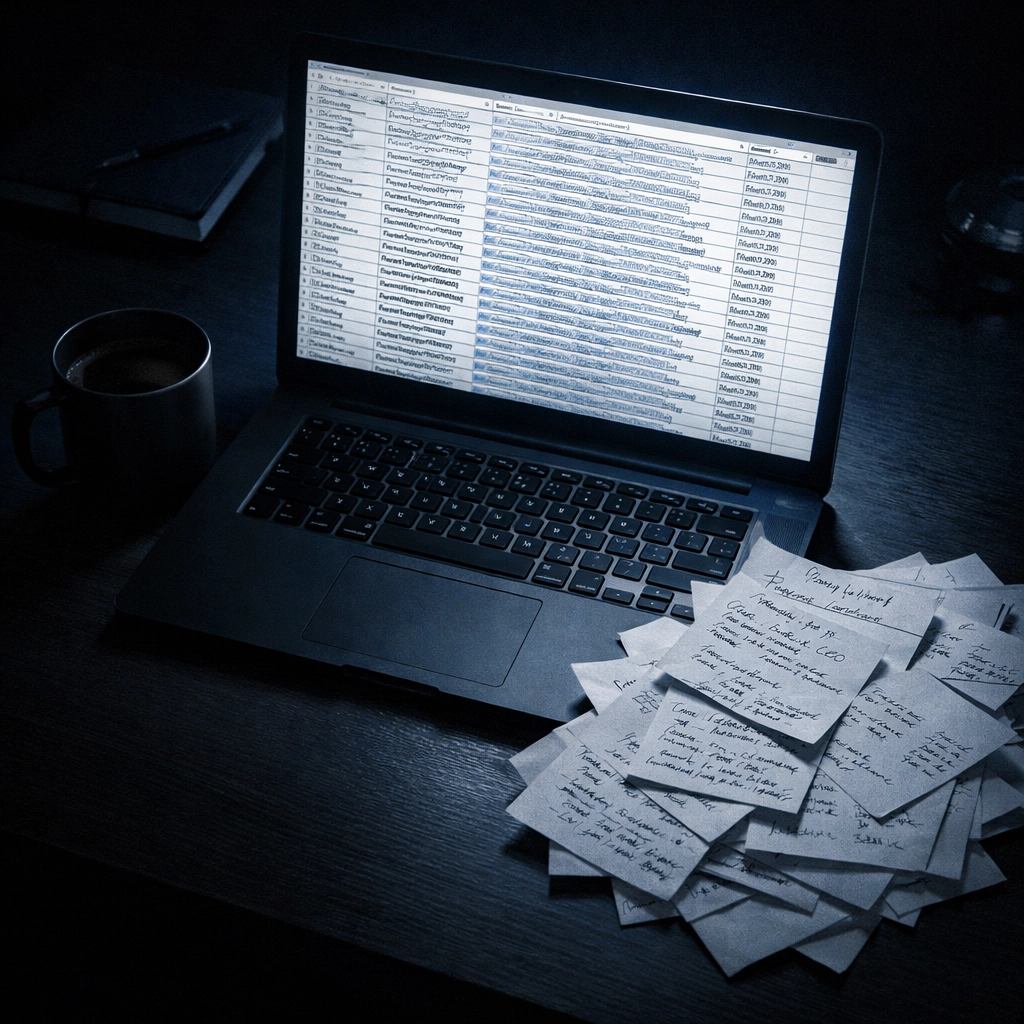 Dark desk with a laptop displaying a spreadsheet for manual sales development rep research at a startup.