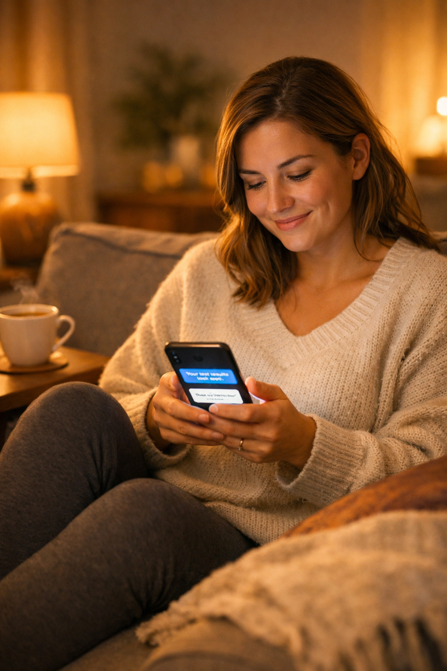 Woman texting with doctor from home for confidential women's health care consultation