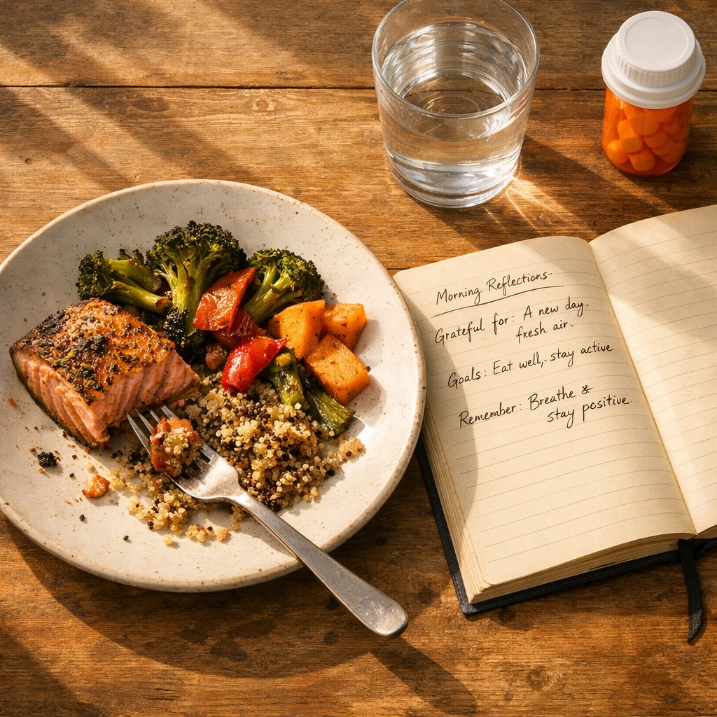 Healthy meal with GLP-1 medication and nutrition journal for weight loss planning