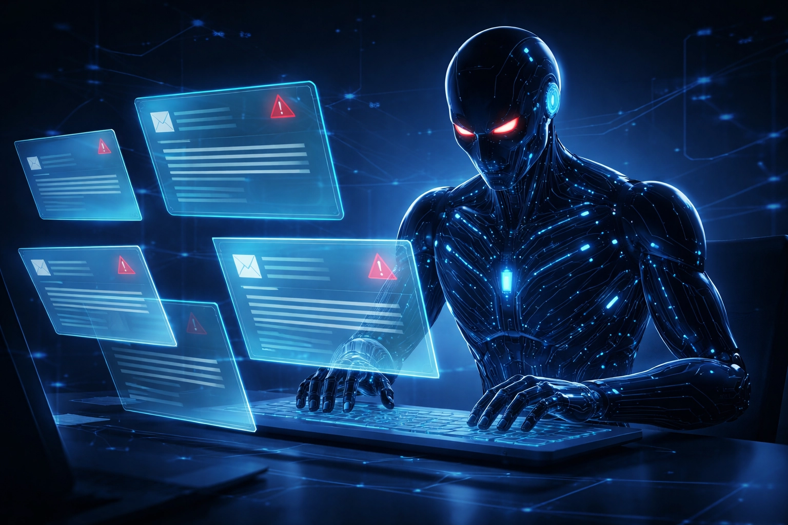 AI-powered cyberattack concept showing a robot creating phishing emails to illustrate modern cybersecurity threats facing small businesses