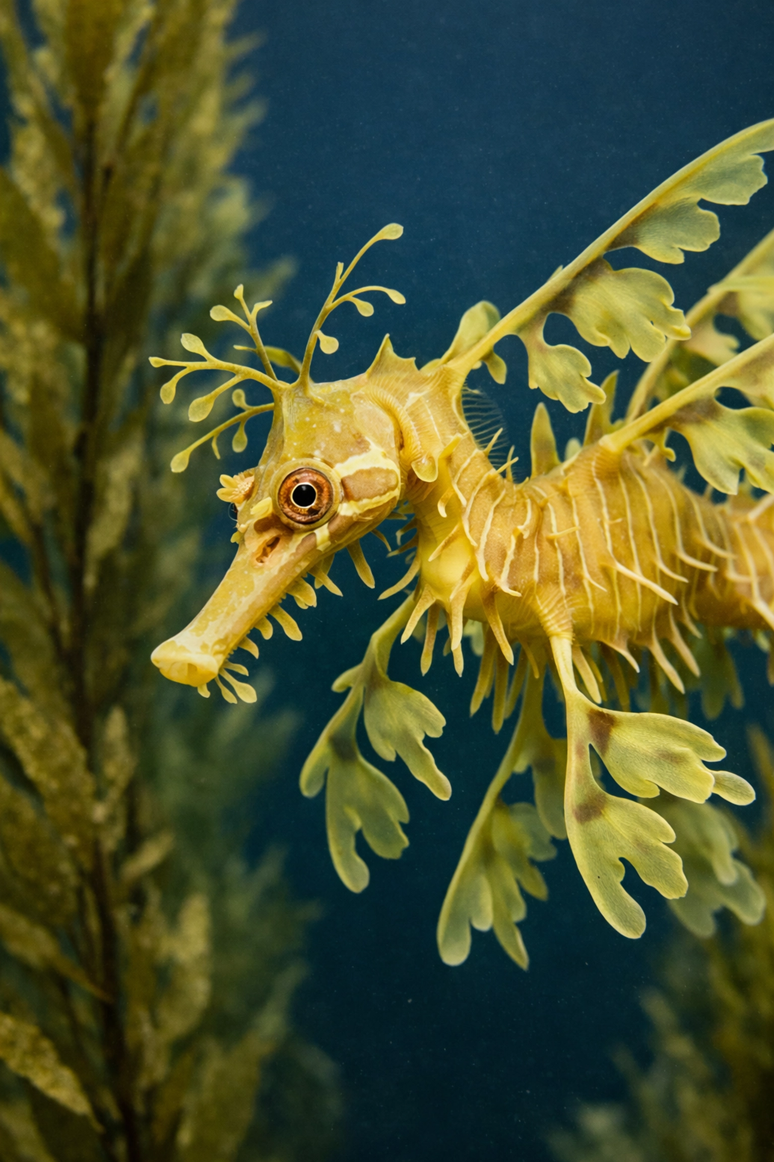 Detailed wildlife photography of a Leafy Seadragon camouflaged in kelp, highlighting rare aquatic species.