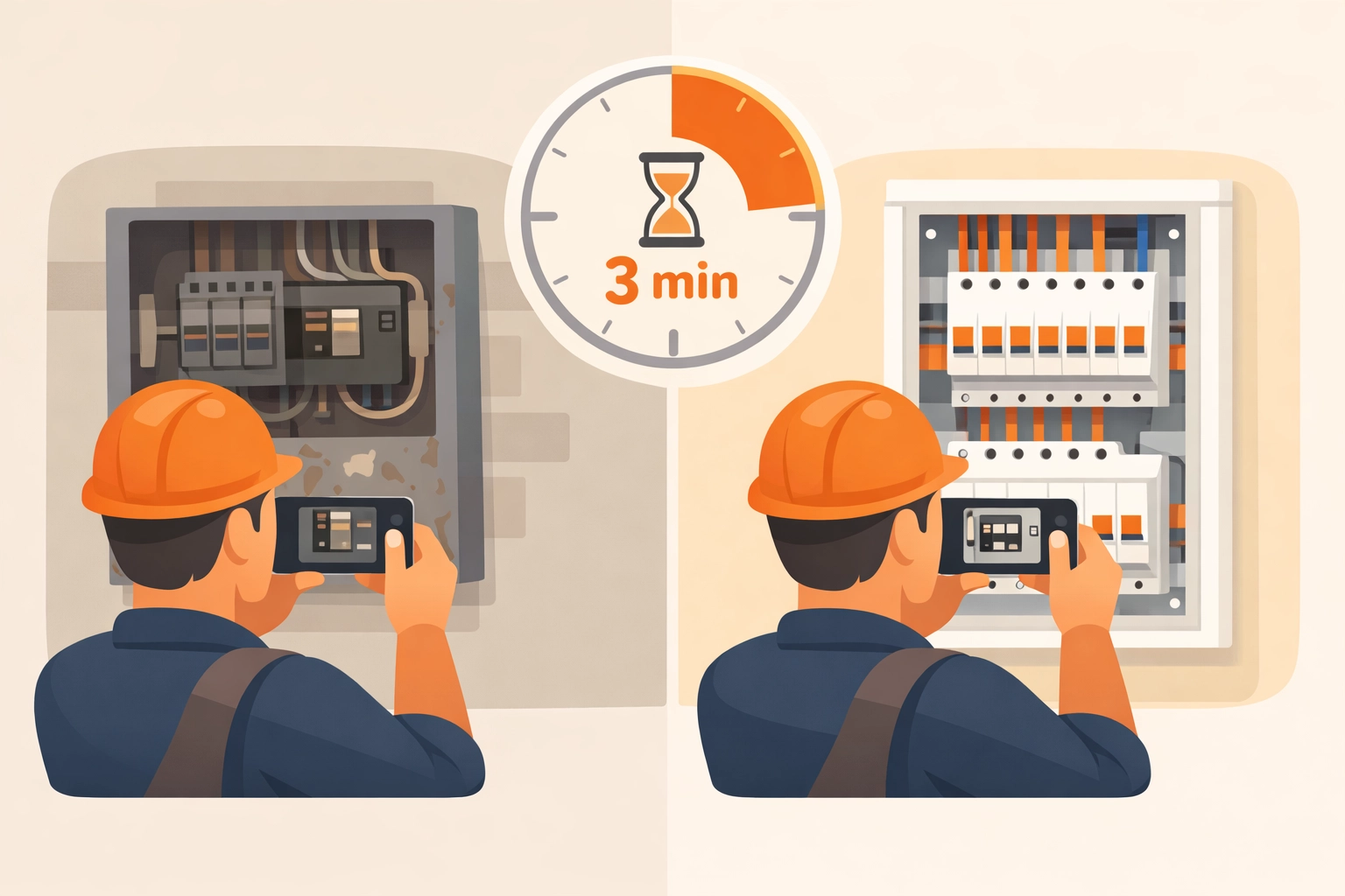 Electrician documenting before and after photos of electrical panel upgrade in under 3 minutes