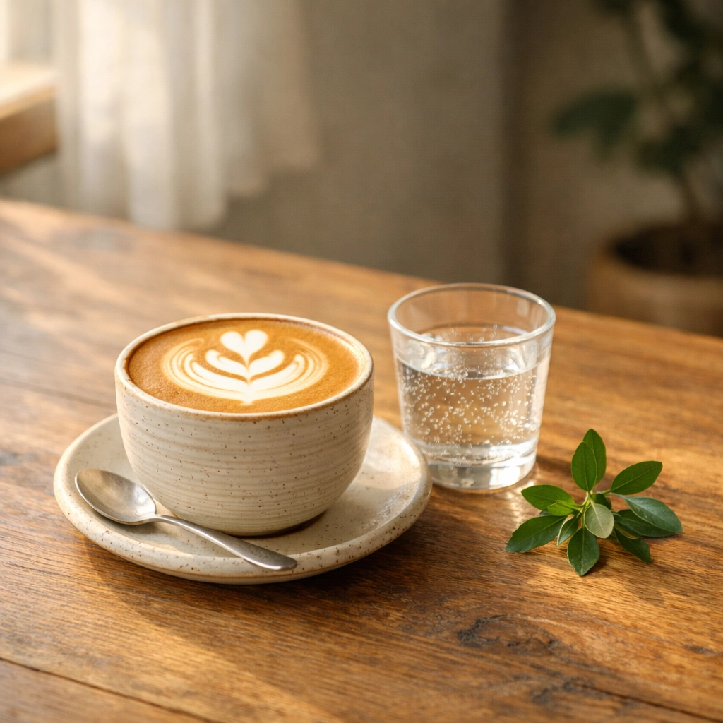 Freshly brewed latte with heart latte art on a cafe table, representing successful specialty coffee brewing.