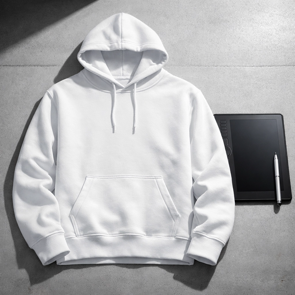 Blank white hoodie template on a workbench next to a digital tablet for custom all-over print design.