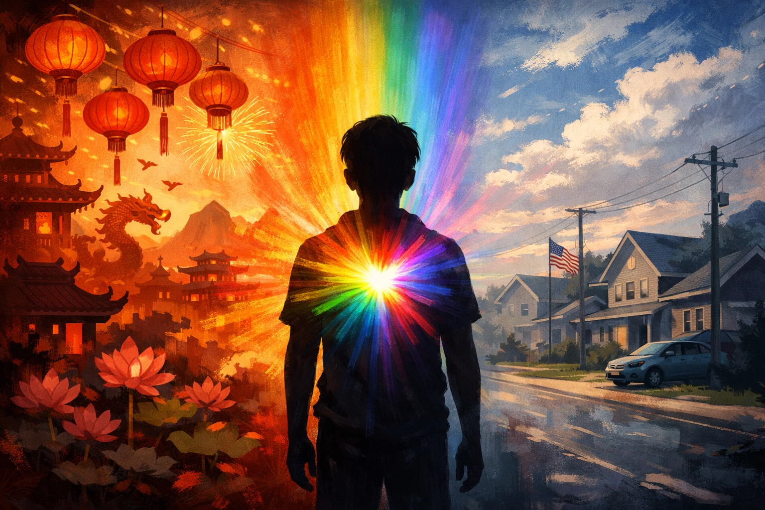 Silhouette bridging Vietnamese and American cultures with rainbow light showing queer Asian identity