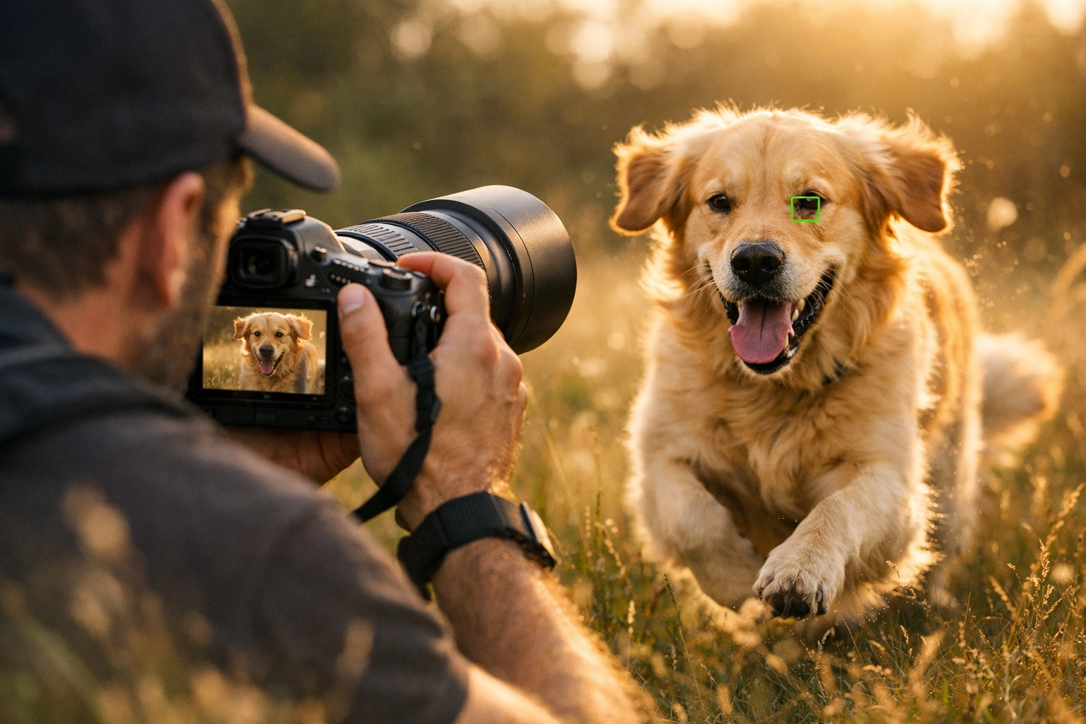 Photographer using AI-powered autofocus on a mirrorless camera to track a fast-moving subject.