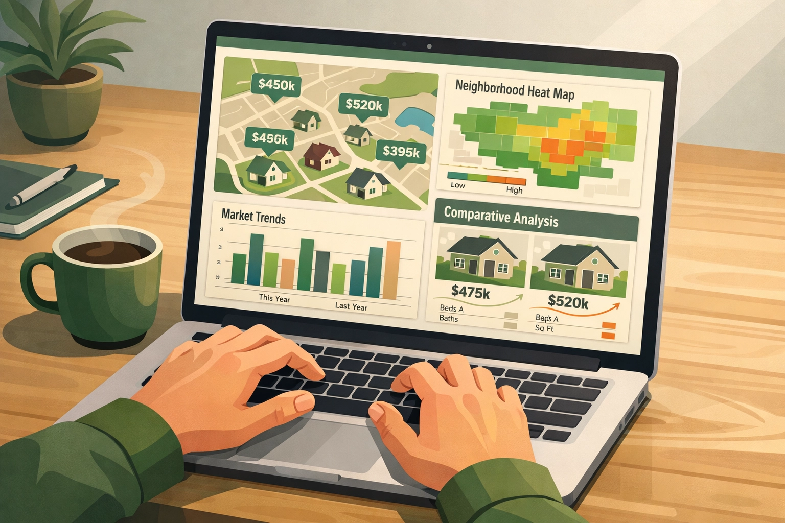 Real estate investor analyzing Middle Tennessee property data and market trends on laptop