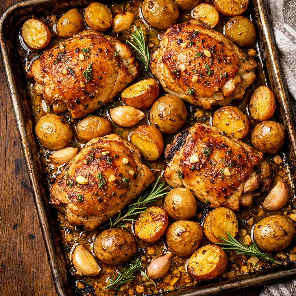 One-pan garlic butter chicken with roasted potatoes - easy weeknight dinner