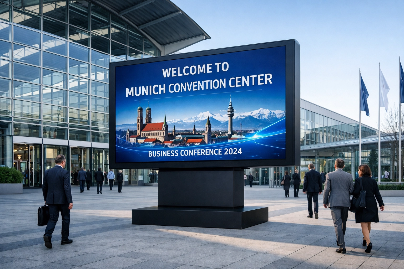 Modern digital billboard outside a Munich convention center showing hyper-targeted DOOH advertising for event attendees.
