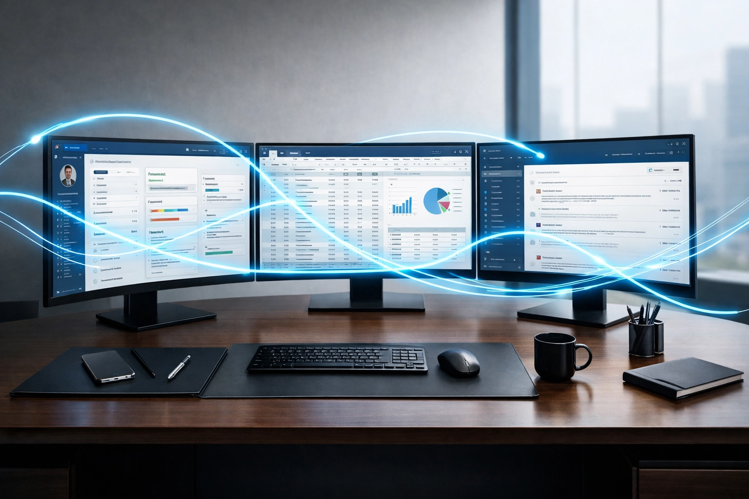 Multi-monitor workstation illustrating AI spatial awareness and connected business software orchestration.